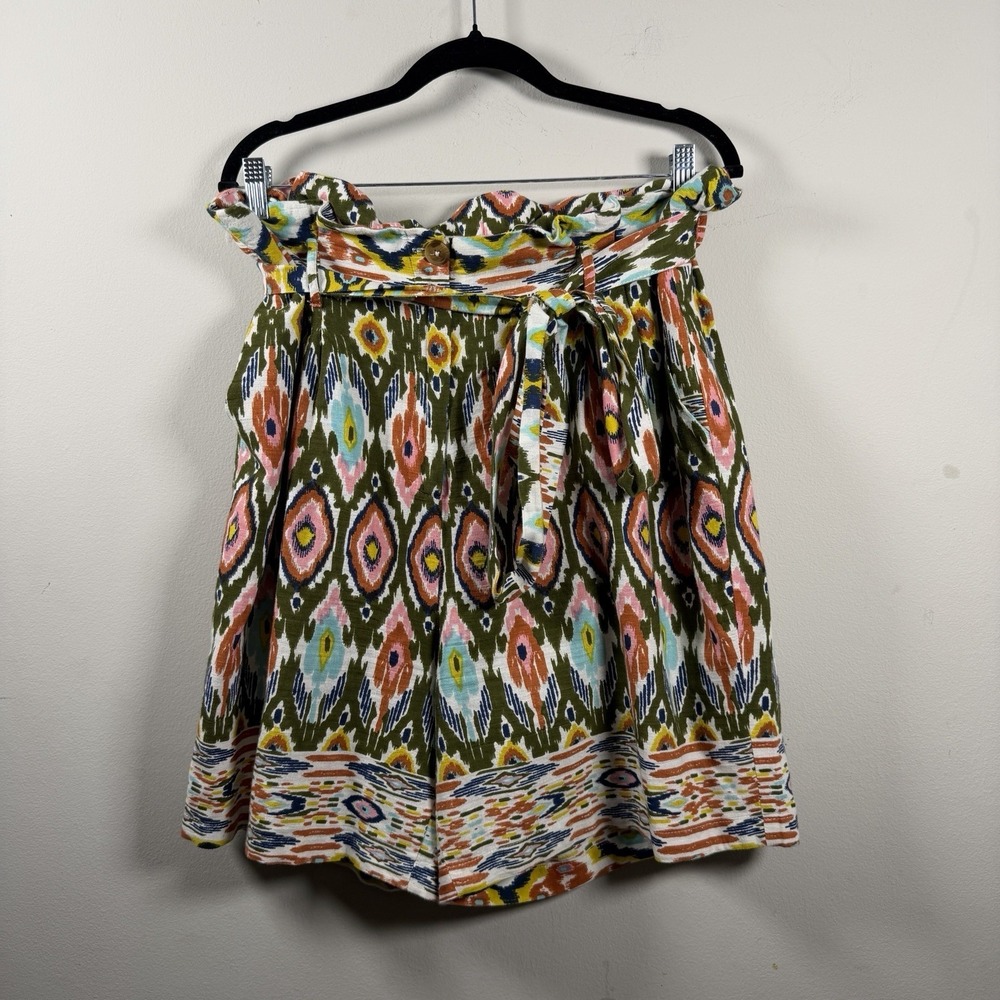 ASHLEY STEWART 14 PAPERBAG MULTICOLOR BELTED LINEN BLEND SHORTS Tie Waist Pocket